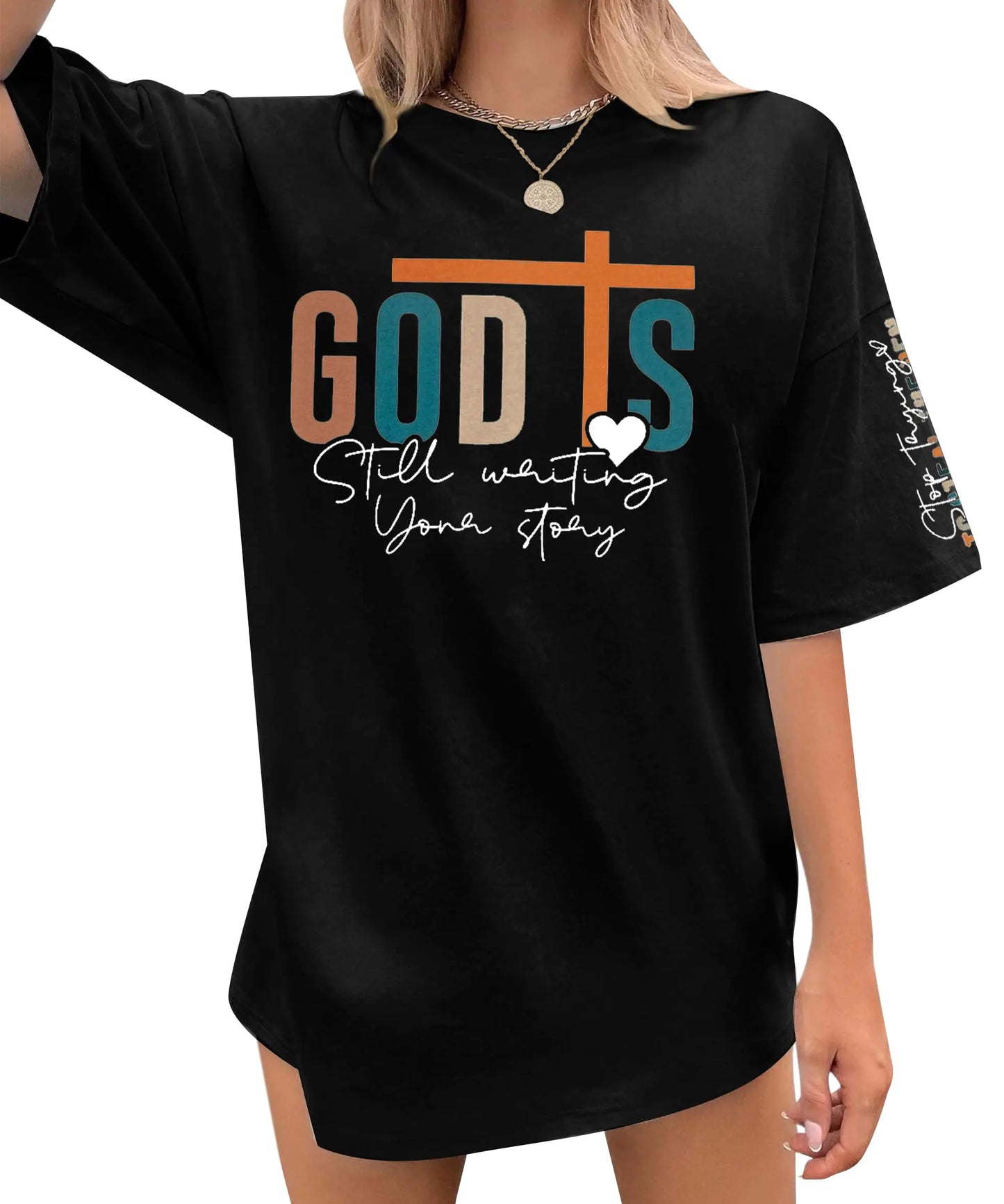 Oversized Christian Shirts Jesus Tshirt - Women God is Still Writing Your Story Shirt Boho Good Faith Sleeve Tee Tops Black